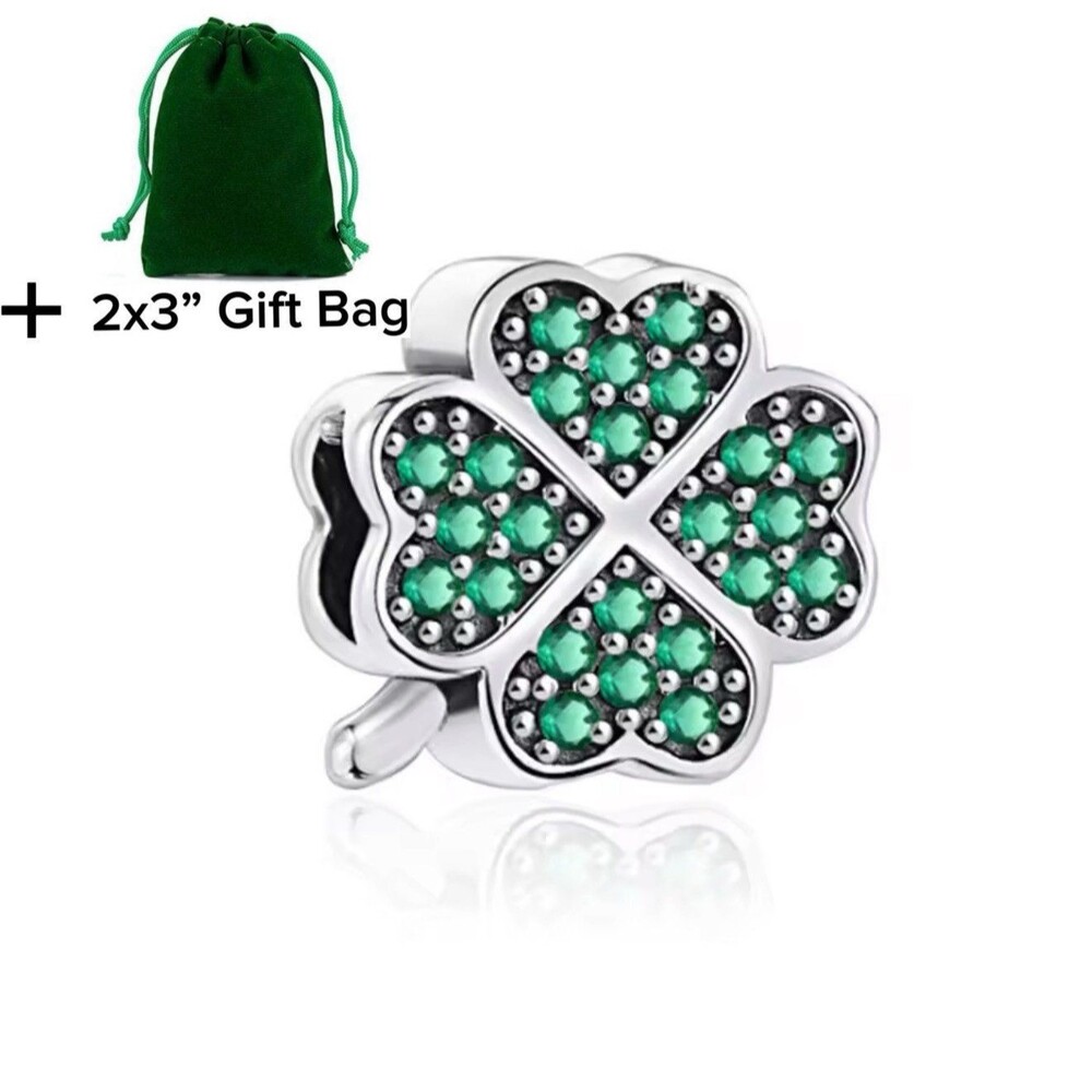 Green Lucky Four Leaf Clover Charm Bead | 925 Silver | Brand New